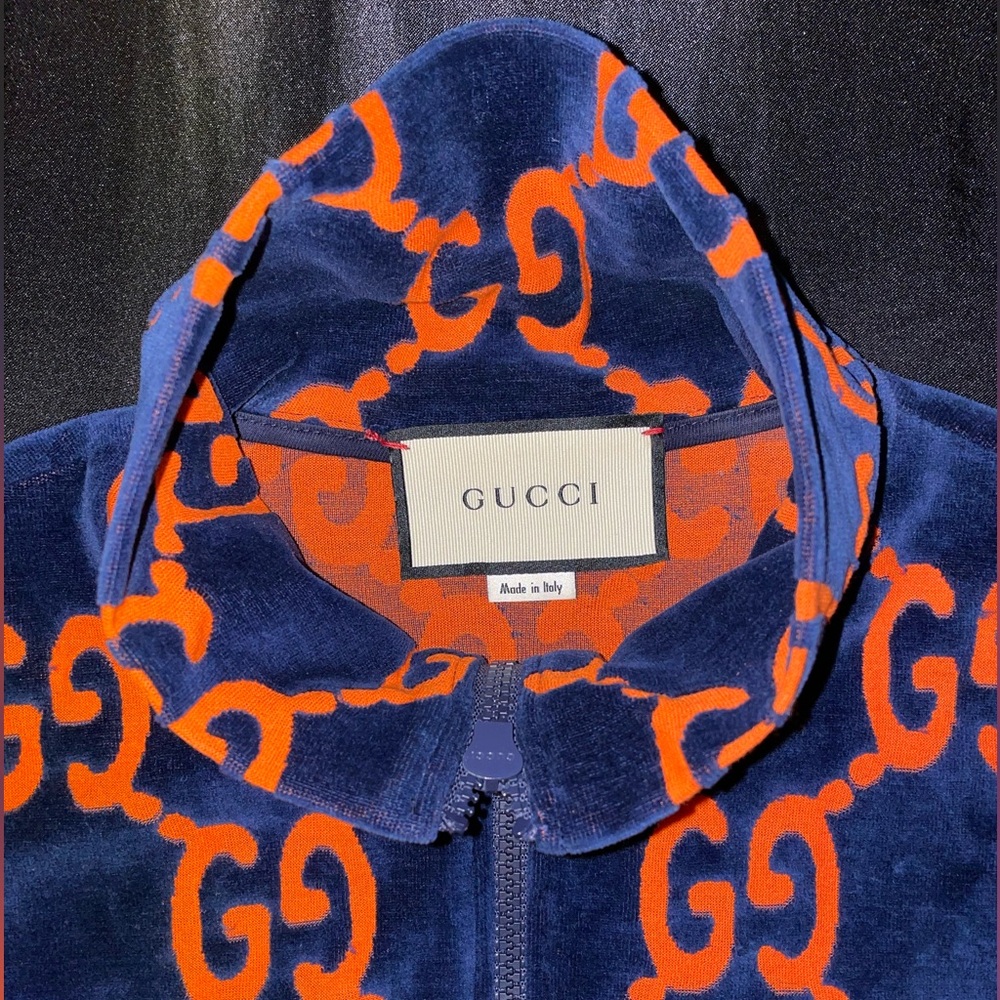 Gucci Navy & orange Chenille GG Monogram Jacquard Track Jacket
